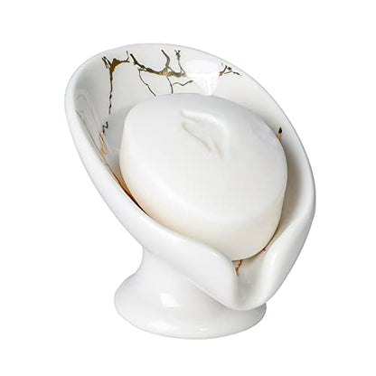 Soap Dish, Soap Holder Self Draining Leaf Shape Soap Dishes, Ceramic Drain Soap Dish for Sink Bathroom Shower Kitchen, Easy to Clean Keeps Soap Dry, Cream White & Gold Marble Pattern, ANTIS'S HOME - color: 1pcs-marble White