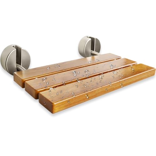 20 Inch Folding Teak Shower Bench - Wall Mounted Space-Saving Shower Seat for Elderly & Adults, Brushed Nickel Cover, 400lb Weight Capacity, Ideal for Shower