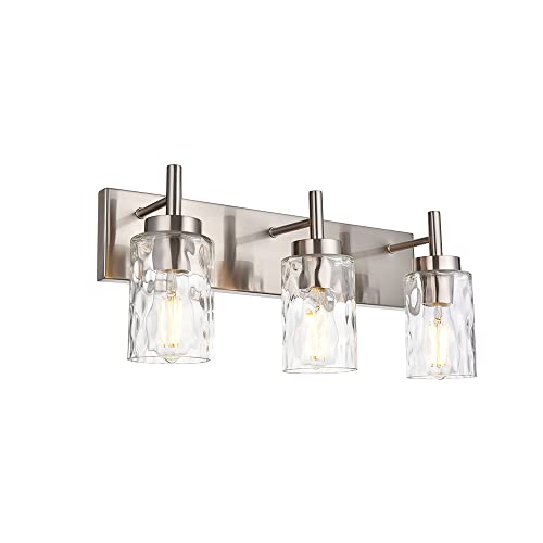 BONLICHT Brushed Nickel Vanity Light Modern 3 Light Bathroom Lighting Fixture Over Mirror with Clear Hammered Glass Shade, Industrial Indoor Farmhouse Wall Mounted Lamp for Powder Room Kitchen Hallway - color: Brushed Nickel, size: 3 Lights