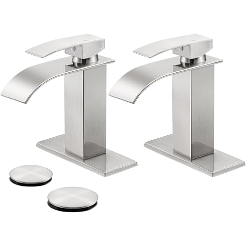 Bathroom Faucets Brushed Nickel Waterfall Bathroom Sink Faucet 2 Pack | with Pop-up Drain & Deck,Supply Hoses,Single Handle Vanity Faucet,Stainless Steel,1 or 3 Hole,RV,Farmhouse Bathrooms - color: A-Brushed Nickel x 2, style: Short