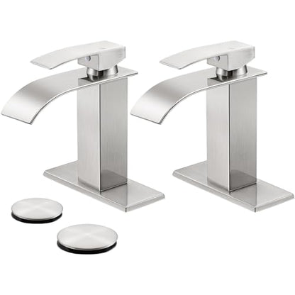 Bathroom Faucets Brushed Nickel Waterfall Bathroom Sink Faucet 2 Pack | with Pop-up Drain & Deck,Supply Hoses,Single Handle Vanity Faucet,Stainless Steel,1 or 3 Hole,RV,Farmhouse Bathrooms - color: A-Brushed Nickel x 2, style: Short
