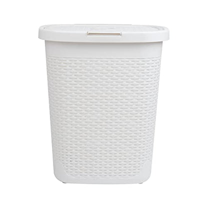 Mind Reader Slim Laundry Hamper with Lid, 50L Clothes Basket, Premium Wicker Design, Plastic, White - color: White