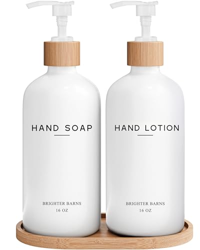 White Glass Soap and Lotion Dispenser Set with Tray by Brighter Barns - Hand Soap Dispenser Bathroom Set - Bamboo Bathroom Soap Dispenser Set - Minimalist Bathroom Accessories, Modern Home Decor - color: White Sl