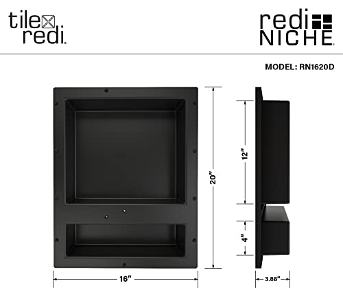 Tile Redi USA Niche Double Recessed Shower Shelf – Black, Two Inner Shelves with Divider, 16-Inch Width x 20-Inch Height x 4-Inch Depth (RN1620D-BI) - size: 20" H x 16" W (2 Shelves)