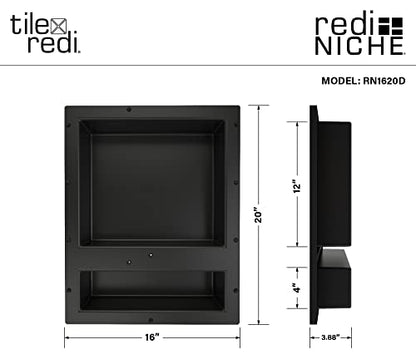 Tile Redi USA Niche Double Recessed Shower Shelf – Black, Two Inner Shelves with Divider, 16-Inch Width x 20-Inch Height x 4-Inch Depth (RN1620D-BI) - size: 20" H x 16" W (2 Shelves)