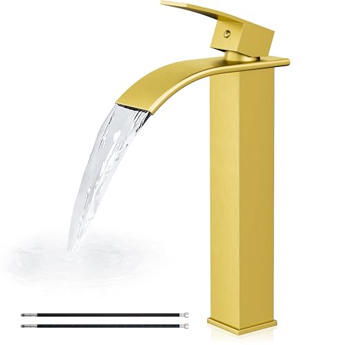 Airuida Vessel Sink Faucet, Brushed Gold Tall Waterfall Bathroom Faucet | Single Handle,Tall Bathroom Faucet 1 Hole,Vanity Faucet,without Drain,Bowl Bathroom Faucet - color: Brushed Gold