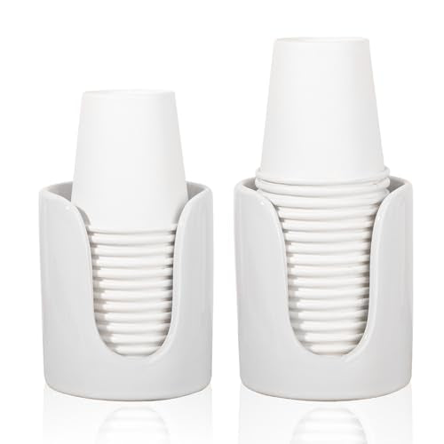 Ceramic Bathroom Cup Dispenser, Fits 3–4 Oz Cups, 2 Pack, White | Small Countertop Cup Holder for Mouthwash & Rinsing – Non-Slip Base, Easy-Access Design, Kitchen & Bathroom Ready - color: White, size: 2 Pack