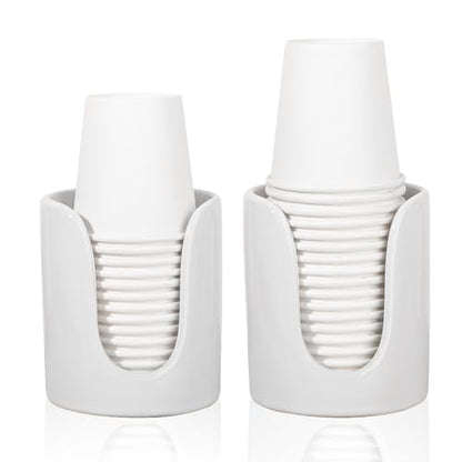 Ceramic Bathroom Cup Dispenser, Fits 3–4 Oz Cups, 2 Pack, White | Small Countertop Cup Holder for Mouthwash & Rinsing – Non-Slip Base, Easy-Access Design, Kitchen & Bathroom Ready - color: White, size: 2 Pack