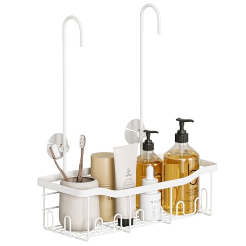 BYT Shower Caddy Hanging, Organizer Hanging for Bathroom, Shower Basket with Hooks, Shower Storage, Shelf, Rack No Drilling for Faucet or Cross Bar (White) - color: White
