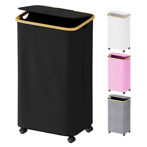 SUOCO Laundry Hamper on Wheels 100L, Clothes Basket with Lid and Bamboo Handles, Foldable Laundry Hamper for Bedroom, Bathroom, Dorm, Laundry Room - Black - color: Black, size: 100L with wheels