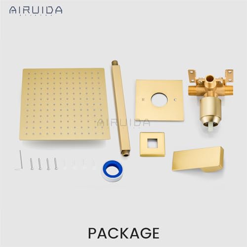 Airuida 12 Inch Brushed Gold Shower Faucet Set,Rainfall Shower System | Ceiling Shower Head,Male Thread Rough-in Valve,Ceiling Mount,Single Handle - color: Brushed Gold, size: 12 Inch