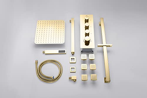 Cascada Luxury 12” Rainfall Shower set (Wall Mounted) with 4 knob thermostatic Valves & 3 functions (Rainfall, Body jets & Hand Shower) (Antique Brass) - color: Antique Brass