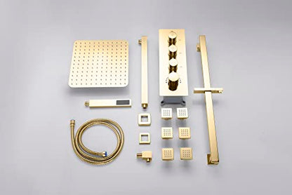 Cascada Luxury 12” Rainfall Shower set (Wall Mounted) with 4 knob thermostatic Valves & 3 functions (Rainfall, Body jets & Hand Shower) (Antique Brass) - color: Antique Brass