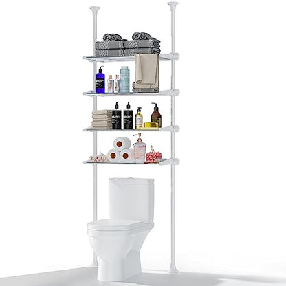 YeYeBest Over The Toilet Storage, Bathroom Organizer 4-Tier Adjustable Shelves for Small Room, Saver Space, 91 to 124 Inch Tall Stainless Steel White