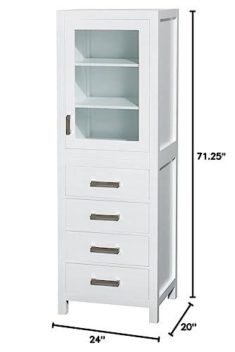 Wyndham Collection Sheffield 24 inch Linen Tower in White with Shelved Cabinet Storage and 4 Drawers - color: White With Brushed Chrome Trim