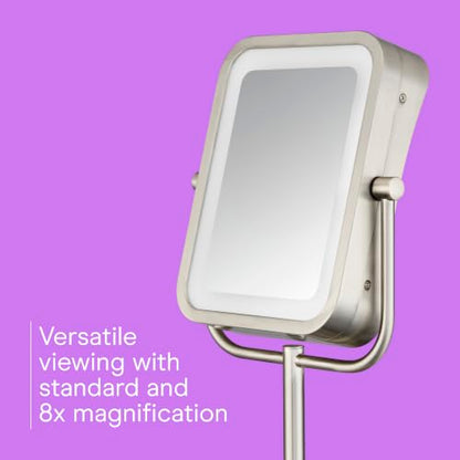 Conair Lighted Makeup Mirror, LED Vanity Mirror, 1X/8X Magnifying Mirror, Battery Operated in Brushed Nickel - style: Brushed Nickel 1X/8X Magnification