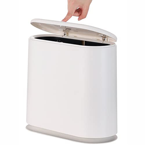White Slim Bathroom Trash Can with Press Top Lid,12 Liter Small Thin Garbage Can,3.17 Gallon Narrow Dog Proof Plastic Waste Basket and Covered Wastebasket for Room,Bedroom,Kitchen,Toilet,Office,Dorm - color: White