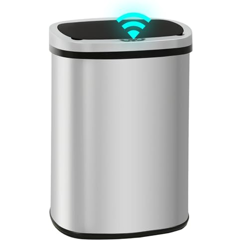 PayLessHere | 13 Gallon Stainless Steel Trash Can | Steel | Pack of 1 | Automatic Touchless Lid with Motion Sensor | Kitchen Garbage Can with Waterproof Design | for Home, Office, Bathroom - color: Stainless Steel