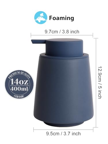 INGOFIN Ceramic Foaming Soap Dispenser -14 oz Foam Hand Soap Dispenser Bathroom, Modern Refillable Dish Wash Bottle for Kitchen with Large Pump, Matte Blue - color: Blue-foam