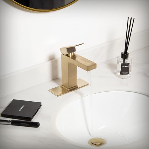 Champagne Gold Single Hole Bathroom Faucets, BF307-CB | Brushed Gold Bathroom Sink Faucet Single Handle Vanity Faucet with Drain Assembly, Deck Plate Included - color: Champagne Gold