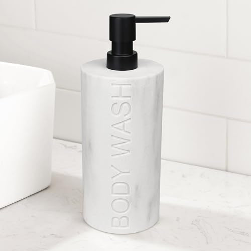 Resin White Marbled Body Wash Engraved Bottle Refillable Pump Dispenser, Durable Waterproof Construction for Bath, Shower - Resin White Marble - Matte Black Pump - color: Body Wash White Marbled