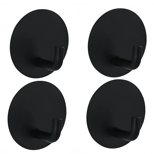 Adhesive Hooks Heavy Duty Shower Hook 4 Pack Waterproof, Black Stick on Hooks for Hanging Loofah Towel Robe Clothes, Removable Stainless Steel Bathroom Adhesive Wall Hooks