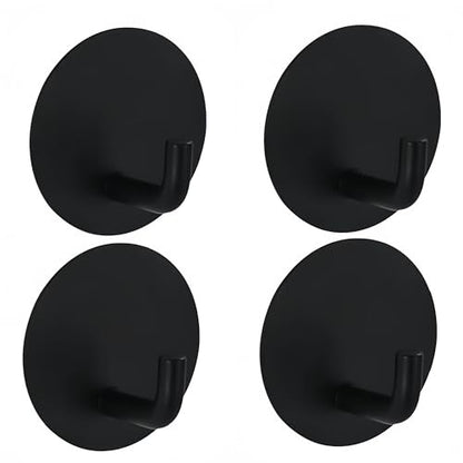 Adhesive Hooks Heavy Duty Shower Hook 4 Pack Waterproof, Black Stick on Hooks for Hanging Loofah Towel Robe Clothes, Removable Stainless Steel Bathroom Adhesive Wall Hooks