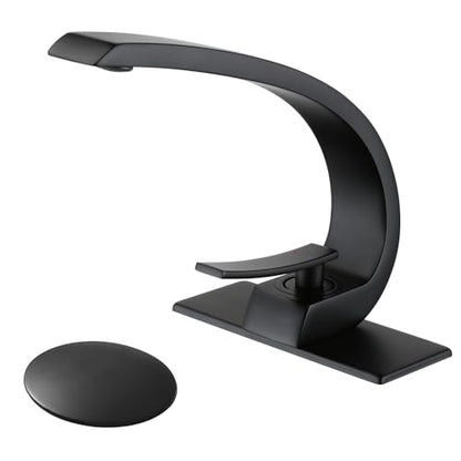 Matte Black Bathroom Faucet,Modern Single Hole High Arc Brass Bathroom Sink Faucet with 1 Hole or 3 Hole Mount 6-Inch 10-Inch Deckplate,Pop Up Overflow Drain Assembly Included - color: Matte Black, style: With Drain