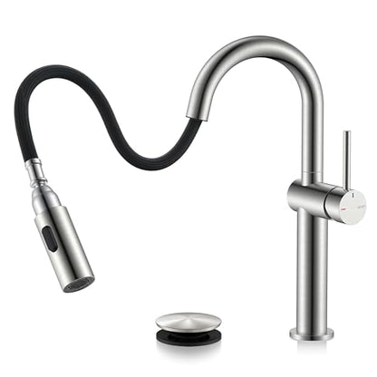 Pull Down Bathroom Faucet 1 Handle, Brushed Nickel Vessel Sink Faucet | Vessel Bowl Faucet with Pop Up Drain & Supply Lines, Lead-Free cUPC & NSF Certified, 1 Hole Faucet for Vanity RV Restroom - color: Brushed Nickel, size: Tall
