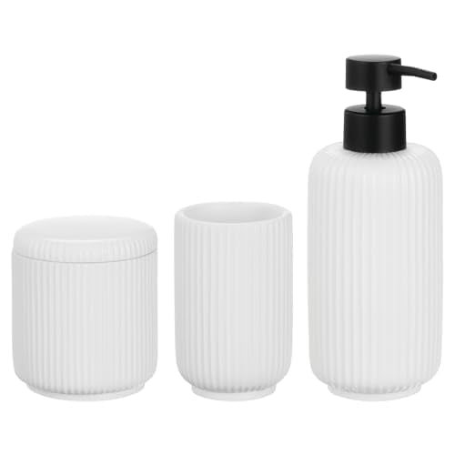 mDesign Fluted Resin 3-Piece Bathroom Vanity Countertop Accessories - Soap Dispenser, Tumbler Rinsing Cup, and Canister Holder Sets - Complete Modern Counter Aesthetic - Set of 3 - White