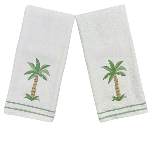 Serafina Home Coastal Bathroom Fingertip Towels – Set of 2 White 100% Cotton Embroidered Tropical Palm Tree Design –18x12” Decorative Bath & Kitchen Towels - color: Palm White