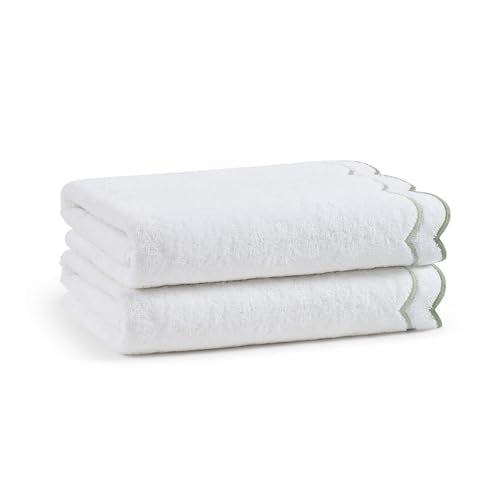 Peri Home 2 Piece Cotton Bath Towel Set, Embroidered, White, Sage Scallop - color: White With Sage Scallop, size: 2 Bath Towel
