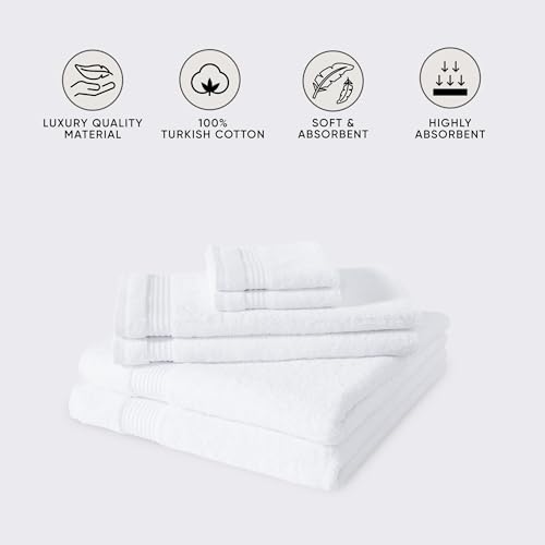 CTT - Luxury 6 Piece Towel Set, 100% Turkish Cotton, Quick Drying, Highly Absorbent & Comfy, Includes 2 Bath Towels, 2 Hand Towels & 2 Washcloths | (White) - color: White, size: 6-Piece Towel Set
