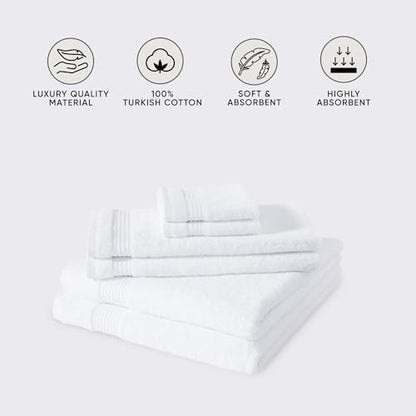 CTT - Luxury 6 Piece Towel Set, 100% Turkish Cotton, Quick Drying, Highly Absorbent & Comfy, Includes 2 Bath Towels, 2 Hand Towels & 2 Washcloths | (White) - color: White, size: 6-Piece Towel Set