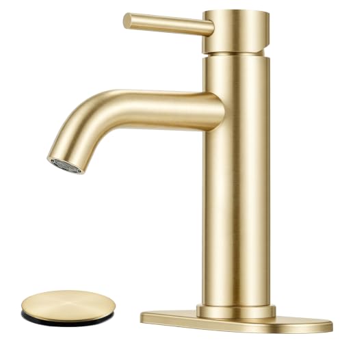 Bathroom Faucet, Single Handle Vanity Sink Faucet, Brushed Gold | Brushed Gold, for 1/3-Hole, Stainless Steel, Ceramic Cartridge, Pop-Up Drain, Deck Plate, For Vanity Powder Laundry - color: Brushed Gold