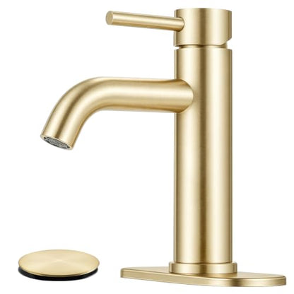 Bathroom Faucet, Single Handle Vanity Sink Faucet, Brushed Gold | Brushed Gold, for 1/3-Hole, Stainless Steel, Ceramic Cartridge, Pop-Up Drain, Deck Plate, For Vanity Powder Laundry - color: Brushed Gold
