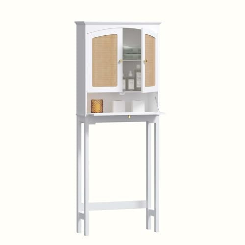 Spirich Over the Toilet Storage Cabinet with Arched Rattan Doors, White | Tilt-Out Storage Cube, Adjustable Shelf, 33-Inch Clearance, Anti-Tip Bracket, Freestanding Bathroom Organizer for Toiletries - style: Arched