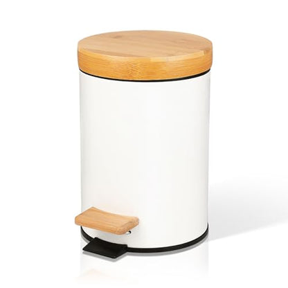 Small Bathroom Trash Can with Natural Bamboo Lid Soft Close，3 Liter / 0.8 GallonStainless Steel Garbage Can with Removable Inner Bucket andStep Pedal（White） - color: White