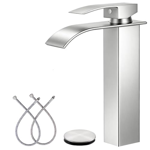 Brushed Nickel Bathroom Faucet 1 Hole Waterfall Vessel Sink Faucet | Certified NSF cUPC DOE CEC SUS304 steel.waterfall spout,Single Handle Bathroom Sink Fauce,Pop-up Drain,Fits vanity,Bar sink - color: A-Brushed Nickel, style: Tall