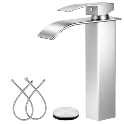 Brushed Nickel Bathroom Faucet 1 Hole Waterfall Vessel Sink Faucet | Certified NSF cUPC DOE CEC SUS304 steel.waterfall spout,Single Handle Bathroom Sink Fauce,Pop-up Drain,Fits vanity,Bar sink - color: A-Brushed Nickel, style: Tall