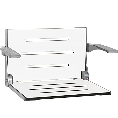 Seachrome Silhouette Comfort Folding Wall Mount Shower Bench Seat with Arms, White Seat with Silver Frame - color: White Seat With Silver Frame and Silver Arm Pads