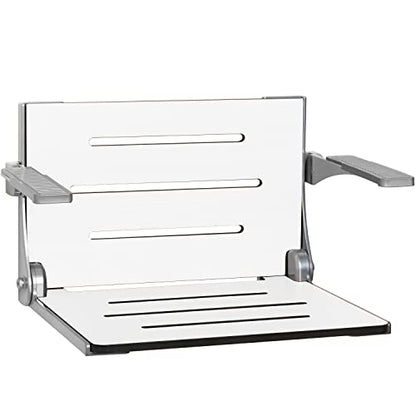 Seachrome Silhouette Comfort Folding Wall Mount Shower Bench Seat with Arms, White Seat with Silver Frame - color: White Seat With Silver Frame and Silver Arm Pads