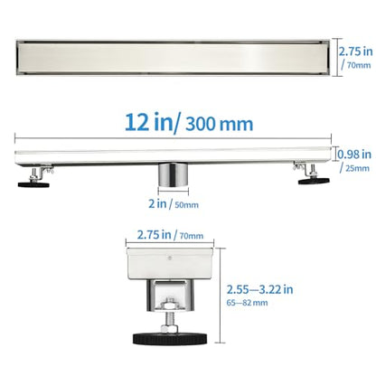 Linear Shower Drain ，12 Inch Brushed 304 Stainless Steel Rectangle Shower Floor Drain，with Reversable Tile-inPattern Drain Cover & Hair Catcher, Adjustable Feet - color: Brushed Nickel, size: 12inch