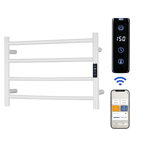 Electric Towel Rack with Voice Control for Alexa & Google Home,TUYA - Wall-Mounted Bathroom Heating Towel Warmer,Plug-in,Stainless Steel Material,16.54x23.62x5.51 in,White,4 Bars - color: White With Wifi, size: 4 Bar