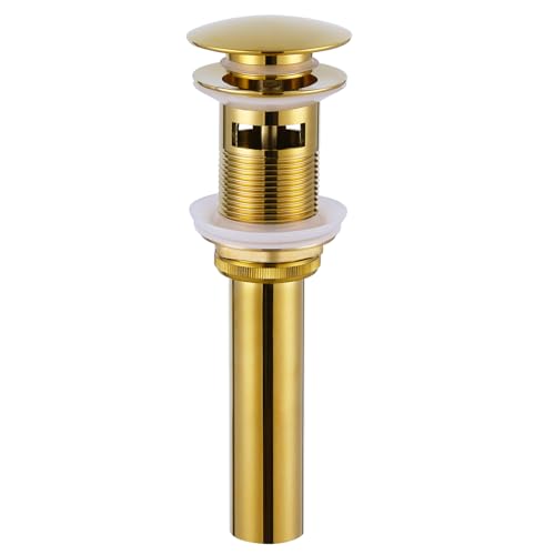 Angle Simple Bathroom Sink Drain Stopper, Pop Up Design, Polished Deep Gold | Brass Stopper with Stainless Steel Tailpiece, Only for Sink with Overflow Hole, Fit 1.61 to 2 Inches Diameter of Drain Hole - color: Deep Titanium Gold