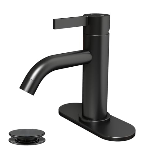 Matte Black Bathroom Faucet Single Hole with Pop-Up Bathroom Drain and Flexible Hoses Single Handle Bathroom Sink Faucet w/Deck Plate(1 or 3 Hole) for Vanity Sinks, RV, Farmhouse - color: Matte Black
