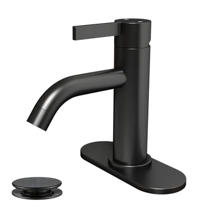 Matte Black Bathroom Faucet Single Hole with Pop-Up Bathroom Drain and Flexible Hoses Single Handle Bathroom Sink Faucet w/Deck Plate(1 or 3 Hole) for Vanity Sinks, RV, Farmhouse - color: Matte Black