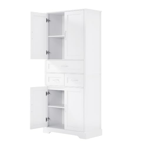 JIVOIT 70" Tall Bathroom Storage Cabinet with 4 Doors and 3 Drawers | Freestanding Linen Tower, Adjustable Shelves, MDF Board White Bathroom Organizer, Aluminum Alloy Hook, Space-Saving - color: White//56