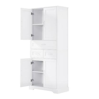 JIVOIT 70" Tall Bathroom Storage Cabinet with 4 Doors and 3 Drawers | Freestanding Linen Tower, Adjustable Shelves, MDF Board White Bathroom Organizer, Aluminum Alloy Hook, Space-Saving - color: White//56