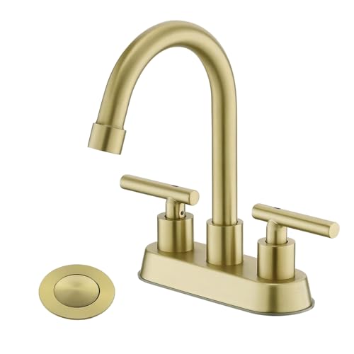 Brushed Gold Bathroom Faucet, 2-Handle 4" Centerset Sink Faucet with Drain | YardMonet Brushed Gold Bathroom Sink Faucet, 2-Handle Stainless Steel Vanity Faucet with Pop-up Drain and Supply Lines - color: Gold